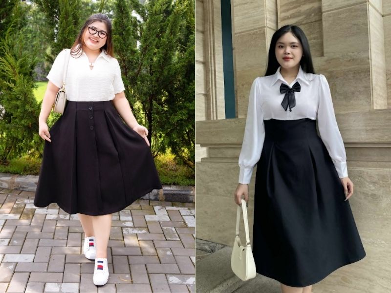 phối đồ với chân váy dài cho người béo