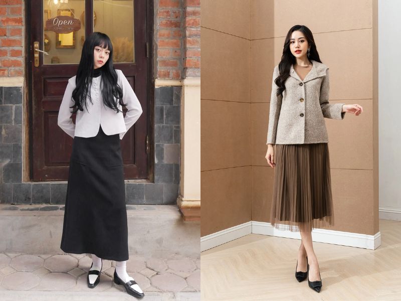 cách phối đồ với chân váy dài mùa đông