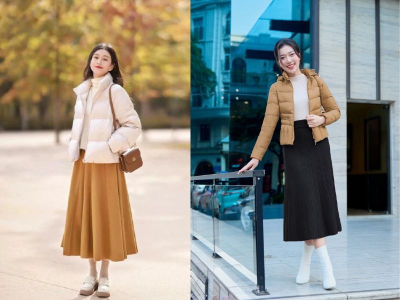 chân váy dài mặc với áo gì mùa đông