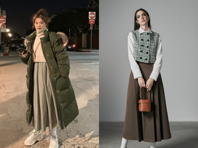 chân váy dài mặc với áo gì mùa đông