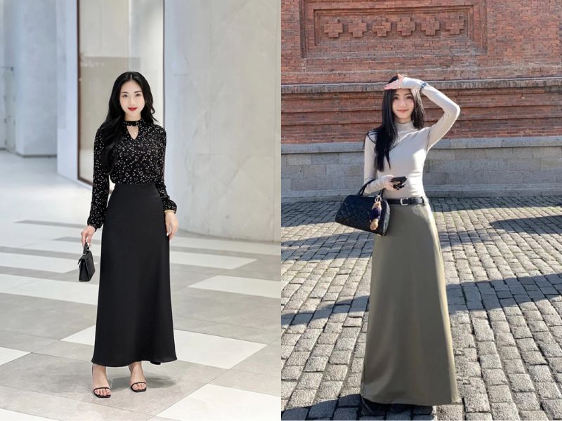chân váy dài mặc với áo gì mùa đông