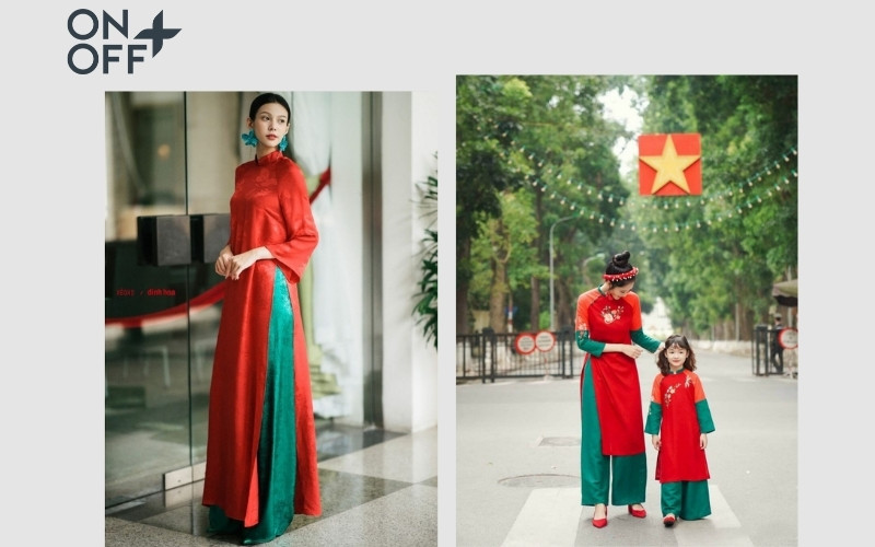 áo dài đỏ phối quần xanh