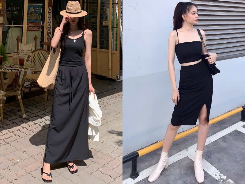 chân váy đen dài mặc với áo gì