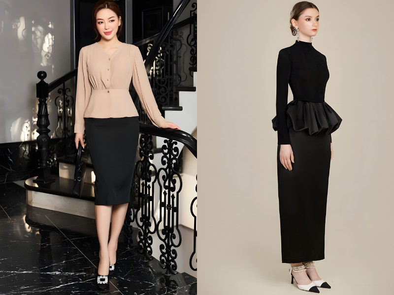 chân váy đen dài qua gối mặc với áo gì