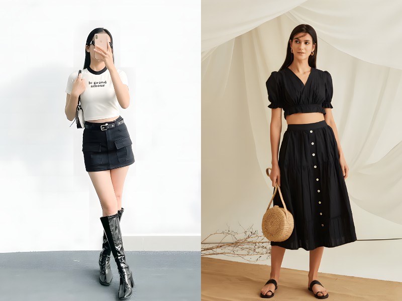 phối đồ với chân váy đen chữ a