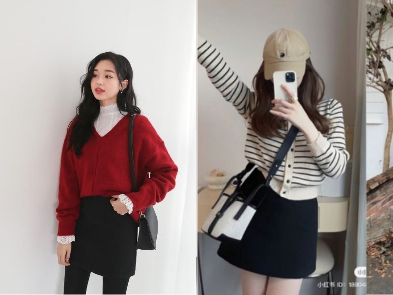 chân váy đen mặc với áo gì