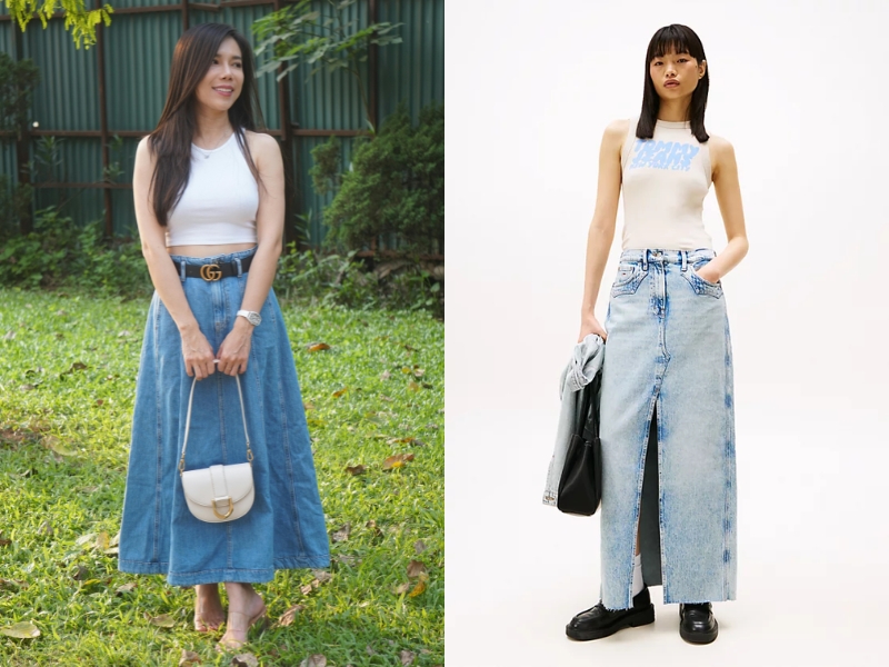 cách phối đồ với chân váy jeans dài cách phối đồ với chân váy jeans dài