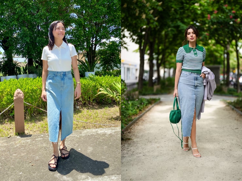 cách phối đồ với chân váy jeans dài chân váy jean dài kết hợp với áo gì