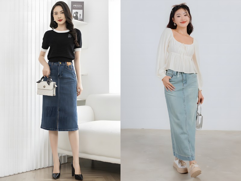 cách phối giày với chân váy jean dài