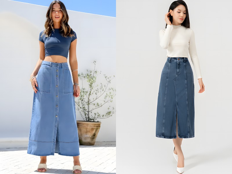 chân váy bò dài kết hợp với giày gì