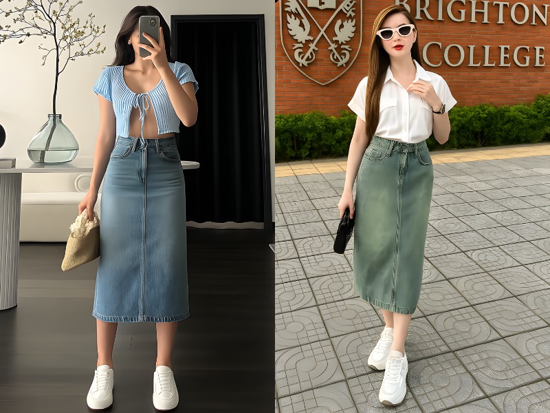 cách phối giày với chân váy jean dài