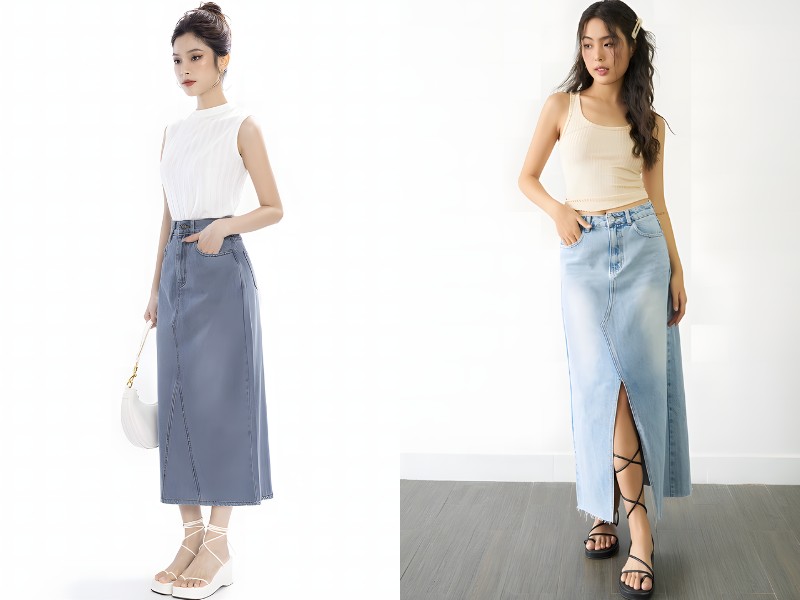 chân váy bò dài kết hợp với giày gì