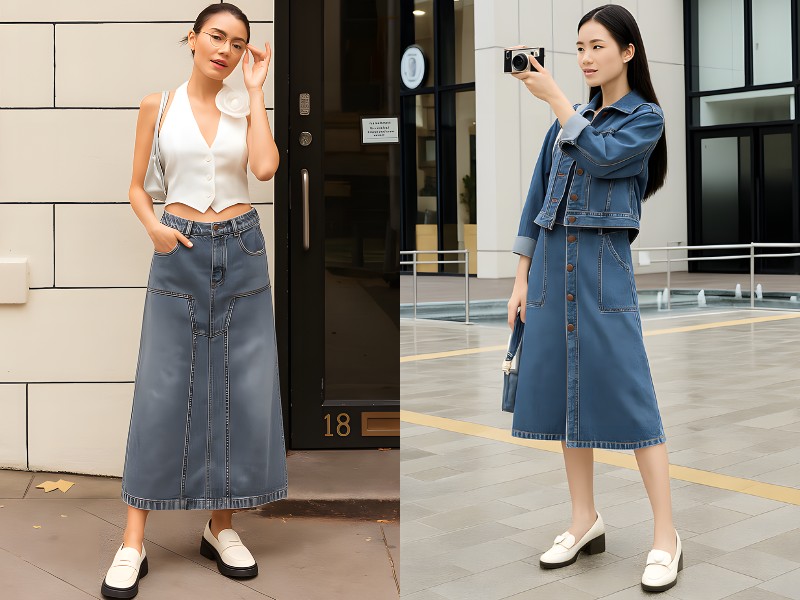 cách phối giày với chân váy jean dài