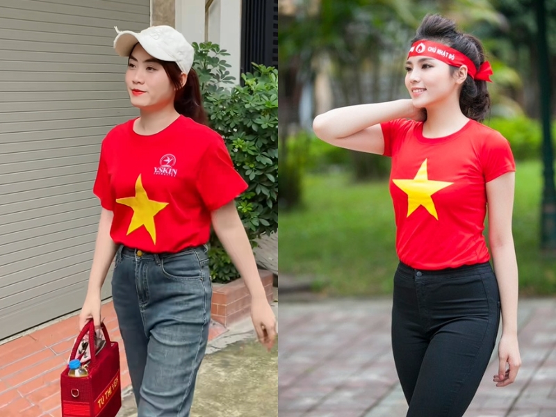 tạo dáng với áo cờ đỏ sao vàng