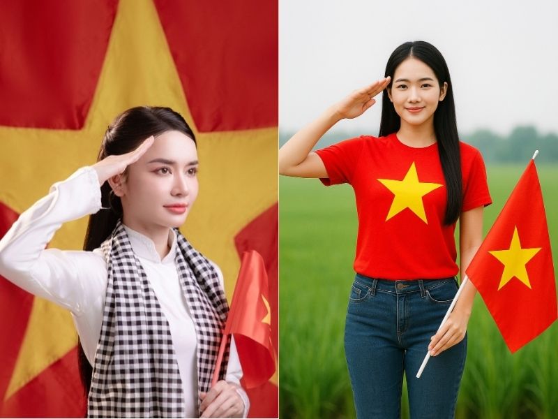 chụp ảnh cầm cờ tổ quốc