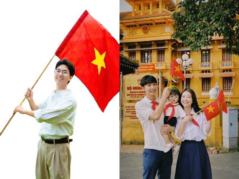 chụp ảnh cùng cờ đỏ sao vàng