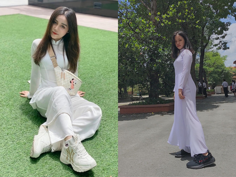 mặc áo dài đỏ nên đi giày gì mặc áo dài đi giày sneaker