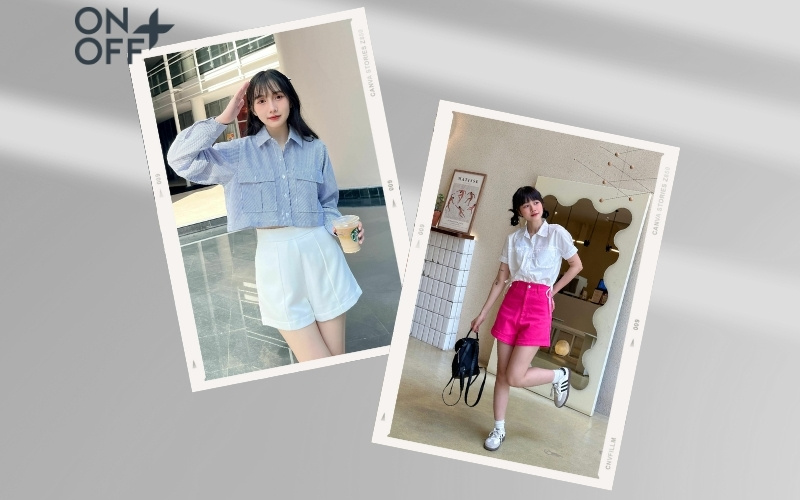 phối áo sơ mi với quần short nữ
