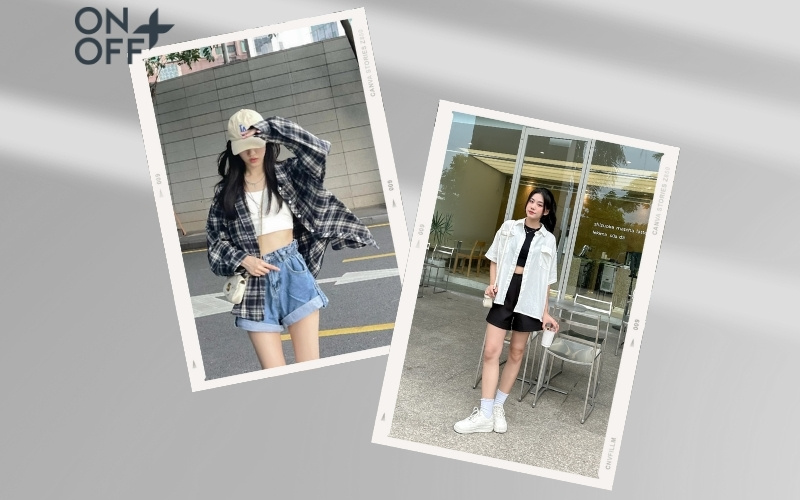 phối áo sơ mi với quần short nữ