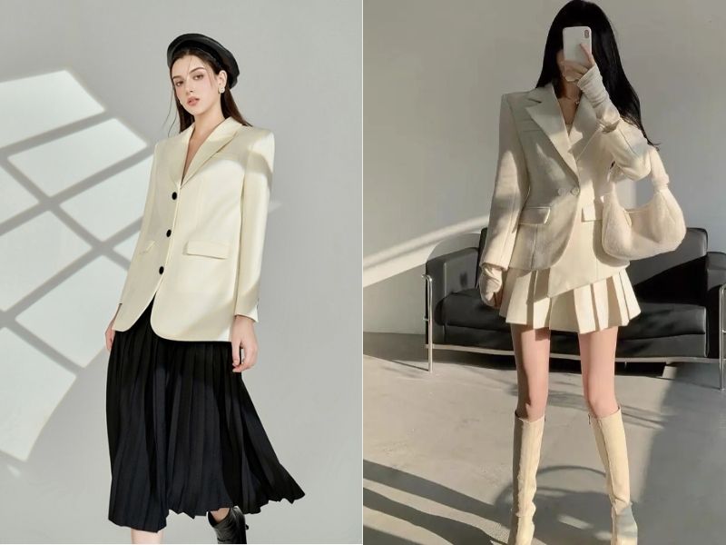 phối áo blazer và chân váy xếp ly