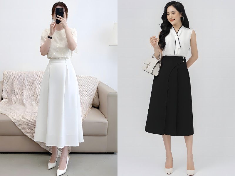 cách phối chân váy dài cho người lùn