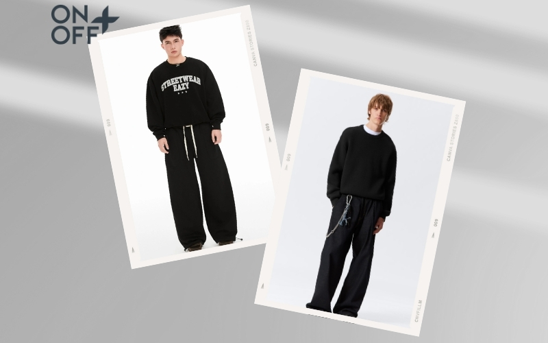 phối quần ống rộng áo sweater cùng quần thể thao ống rộng