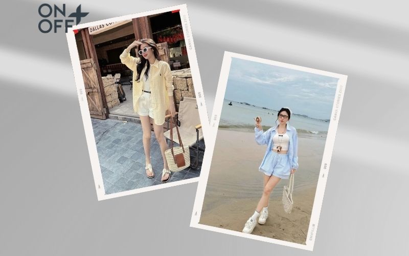 phối đồ với quần short nữ layer áo ba lỗ, sơ mi và quần short nữ