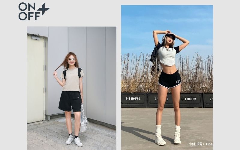 quần sooc da nữ kết hợp với áo gì phối áo babytee và giày sneaker