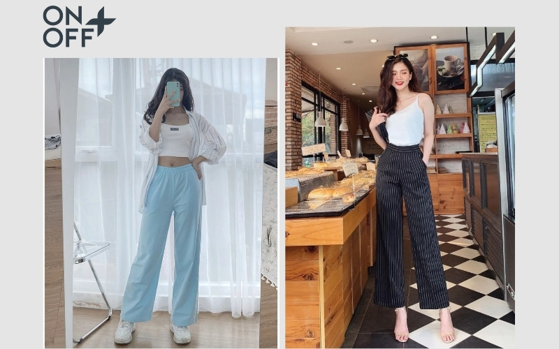 cách phối đồ với quần ống suông cho người mập nấm lùn mặc quần ống suông trơn hoặc kẻ sọc