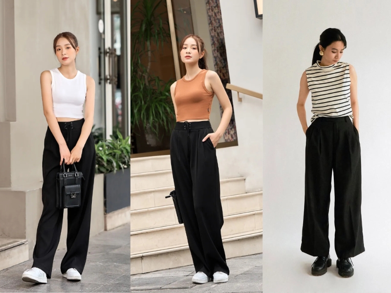 phối áo ba lỗ với quần ống suông