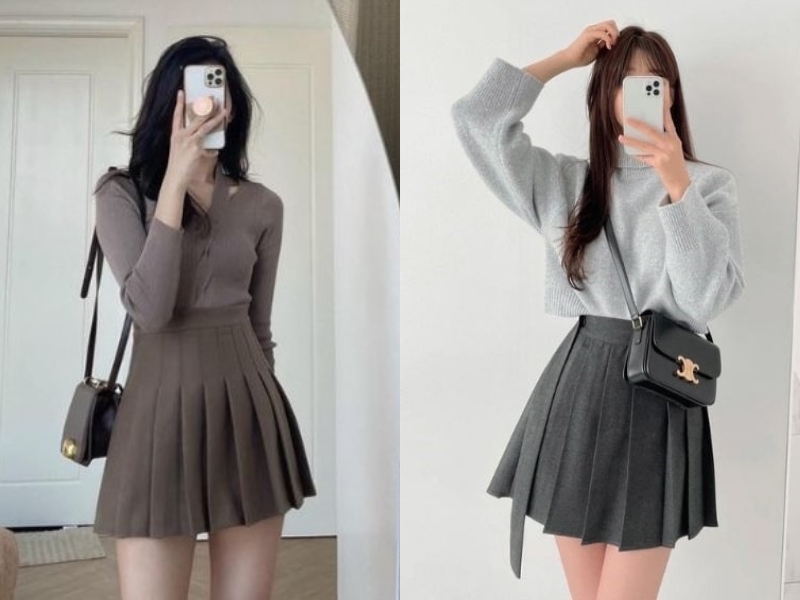 áo mặc với chân váy xếp ly ngắn áo giữ nhiệt cổ cao mix chân váy xếp ly ngắn