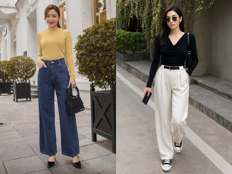 phối đồ với quần bò ống rộng mùa đông mặc với áo giữ nhiệt