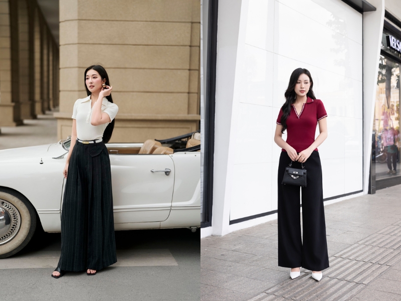 áo polo phối với quần ống rộng đen