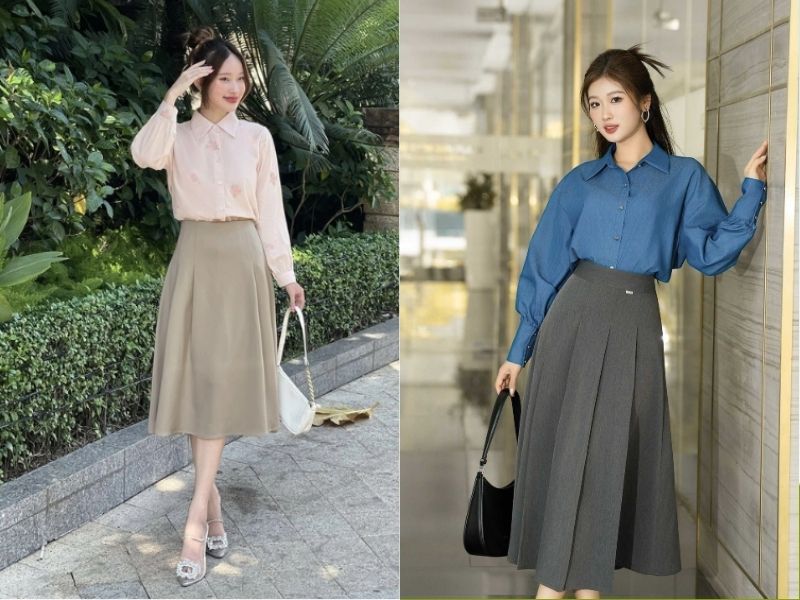 cách phối đồ với chân váy xòe dài mùa hè