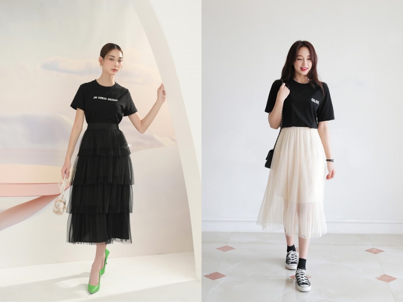 phối đồ với chân váy xòe dài