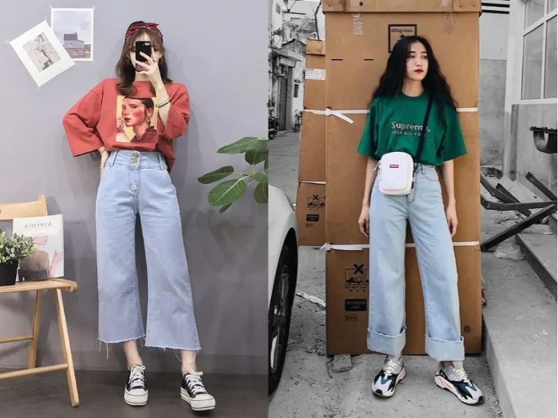 cách phối quần jean ống rộng với áo phông