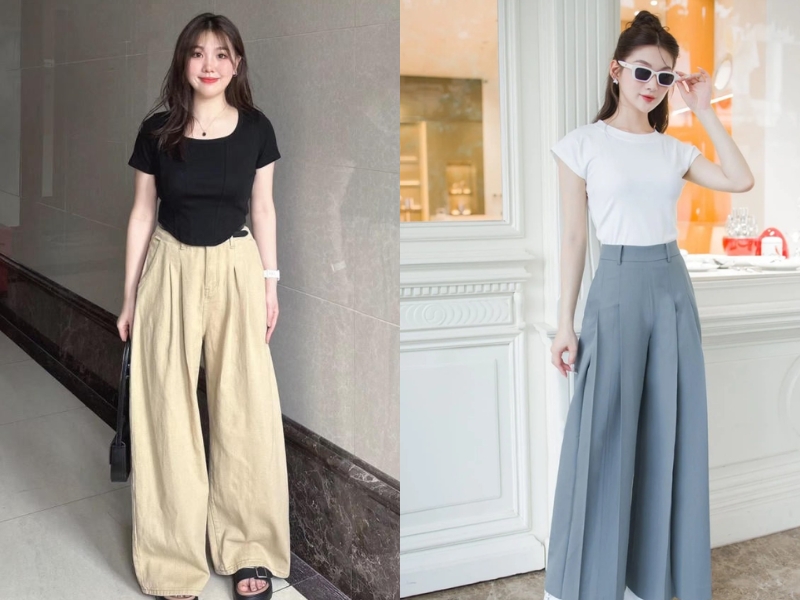 cách phối đồ cho nữ chân to Quần ống rộng