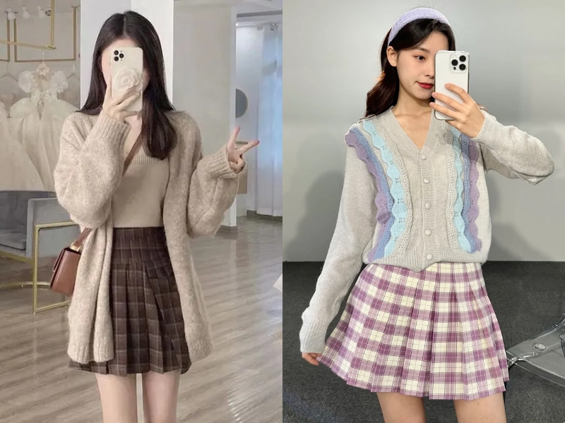 phối đồ với chân váy xếp ly ngắn mùa đông mặc áo cardigan