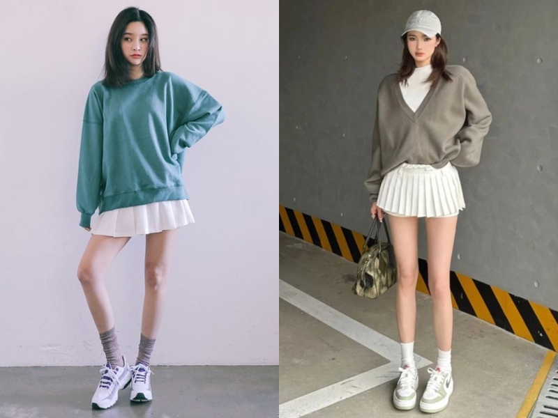 phối đồ với chân váy xếp ly ngắn mùa đông chân váy ngắn xếp ly kết hợp với áo gì