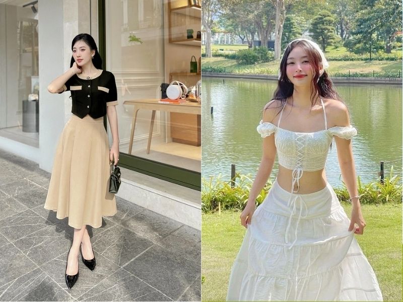 chân váy xòe dài mặc với áo gì