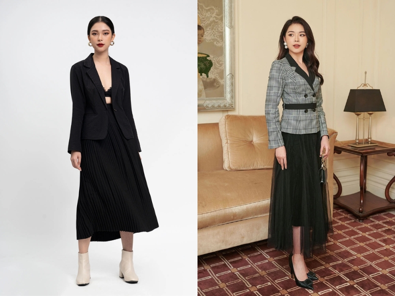 mix đồ với chân váy xoè dài