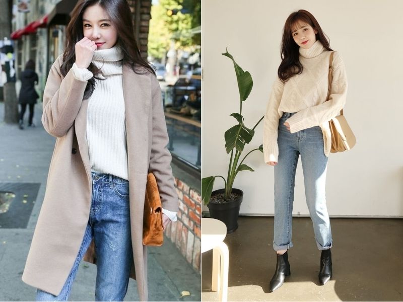 áo len cổ lọ và quần jean