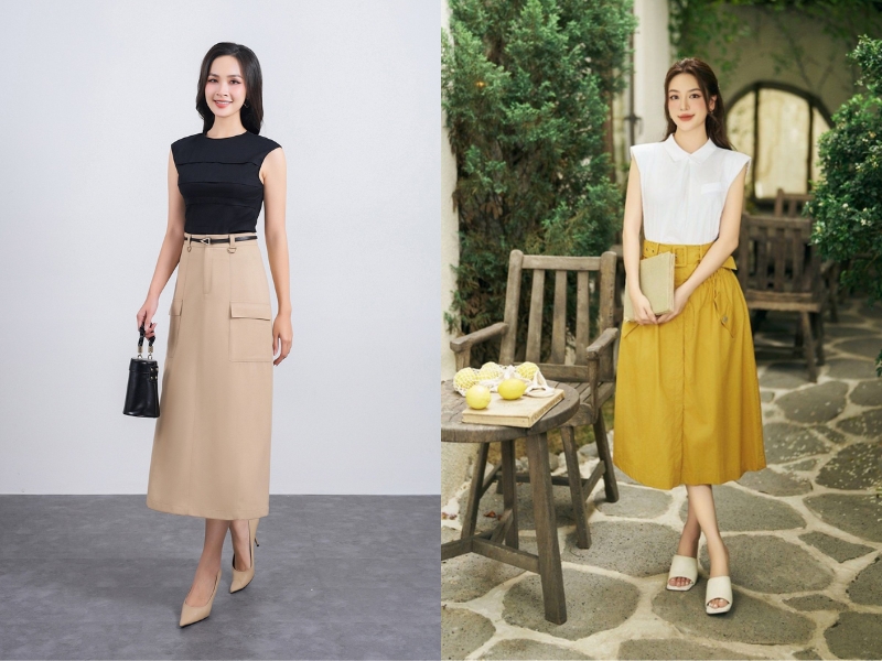 chân váy dài xoè mặc với áo gì
