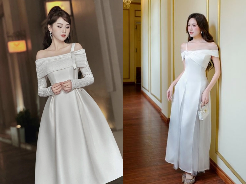 váy cho người lùn chân to mặc váy trễ vai