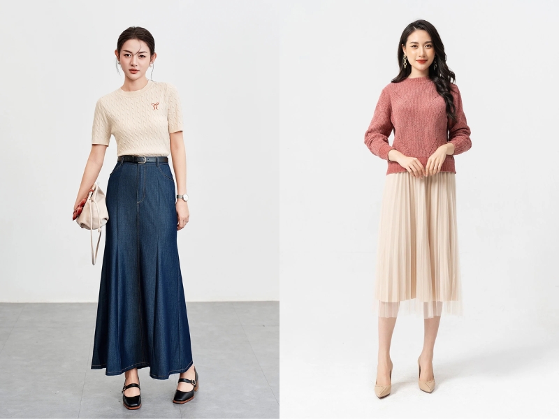áo mặc với chân váy xòe dài