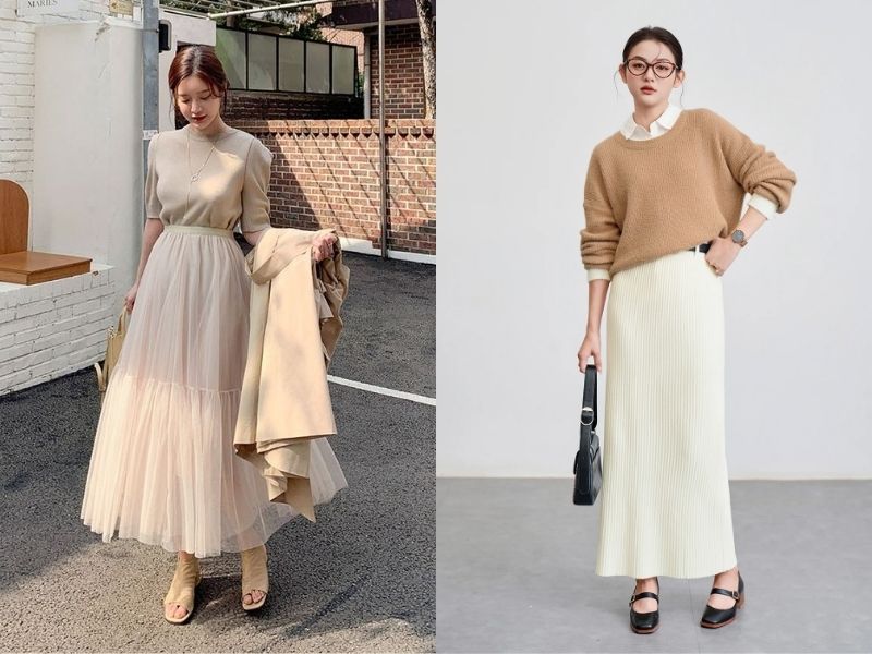 mặc áo len với chân váy midi