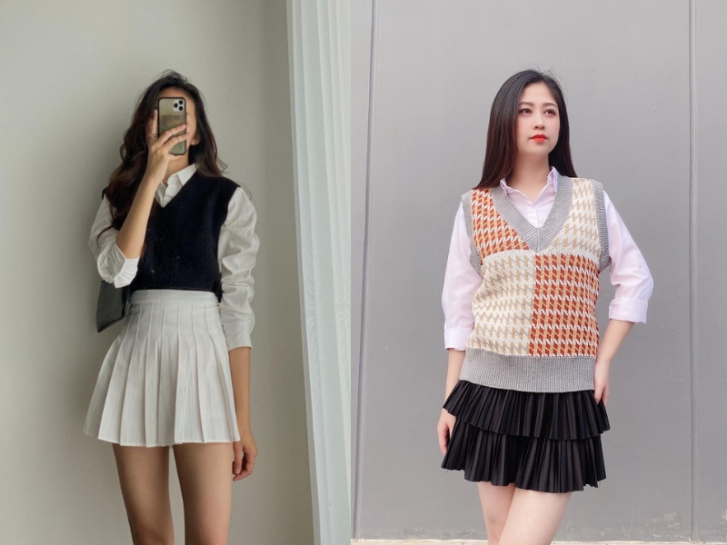 mix áo gile và sơ mi nữ