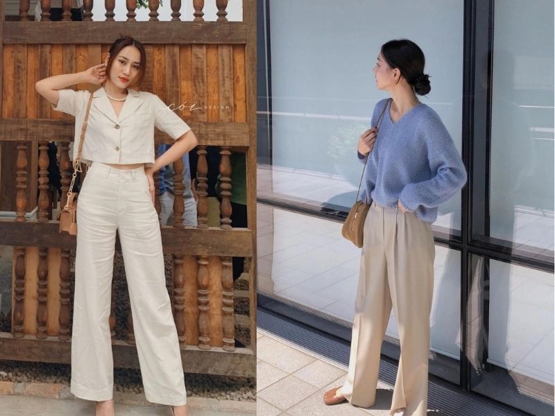 áo cổ V và quần suông cạp cao