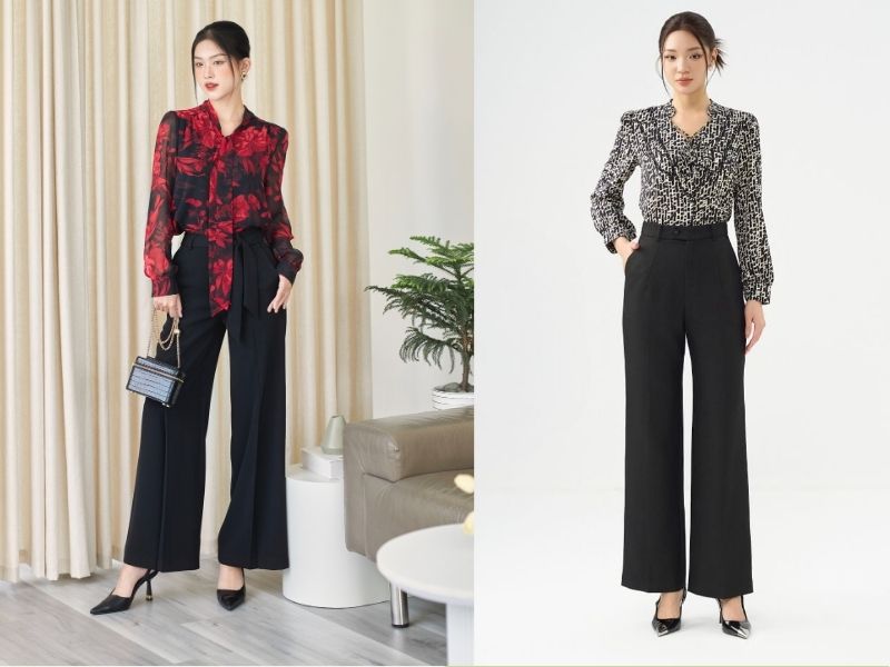 quần ống rộng đen phối với áo gì