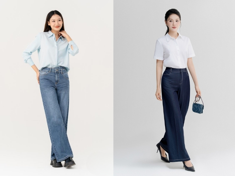 phối áo sơ mi với quần jean ống rộng